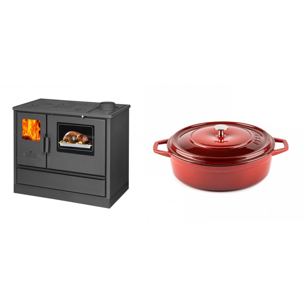 Set Küchenofen mit Backofen und Kochplatte Balkan Energy, Modell 4020, Obere Platte aus Gusseisen, Leistung 7.9kW + Gusseisen Topf Flach Solagio, Rubin, Ф26