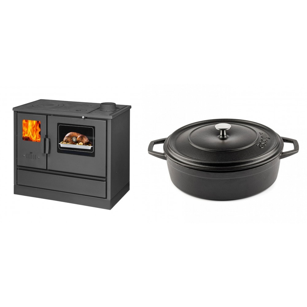 Set Küchenofen mit Backofen und Kochplatte Balkan Energy, Modell 4020, Obere Platte aus Gusseisen, Leistung 7.9kW + Gusseisen Topf Flach Solagio, Black Onyx, Ф28