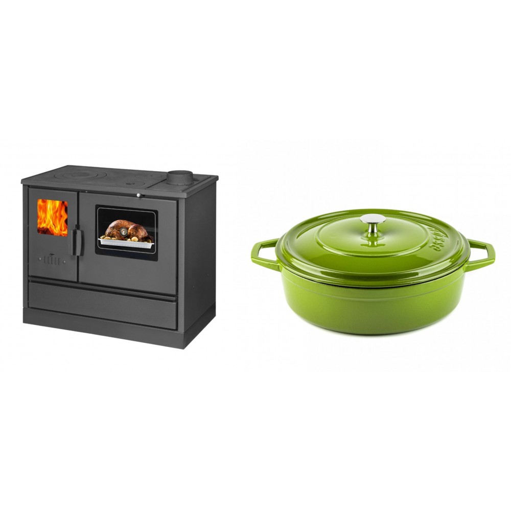 Set Küchenofen mit Backofen und Kochplatte Balkan Energy, Modell 4020, Obere Platte aus Gusseisen, Leistung 7.9kW + Gusseisen Topf Flach Solagio, Bamboo, Ф28 | Kaminofen - Holzofen mit Backfach | Kaminofen |