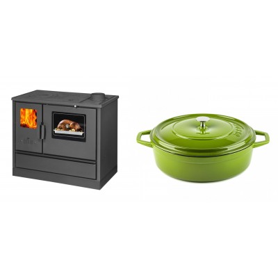 Set Küchenofen mit Backofen und Kochplatte Balkan Energy, Modell 4020, Obere Platte aus Gusseisen, Leistung 7.9kW + Gusseisen Topf Flach Solagio, Bamboo, Ф28 - Balkan Energy