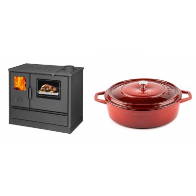 Set Küchenofen mit Backofen und Kochplatte Balkan Energy, Modell 4020, Obere Platte aus Gusseisen, Leistung 7.9kW + Gusseisen Topf Flach Solagio, Rubin, Ф28 - Balkan Energy