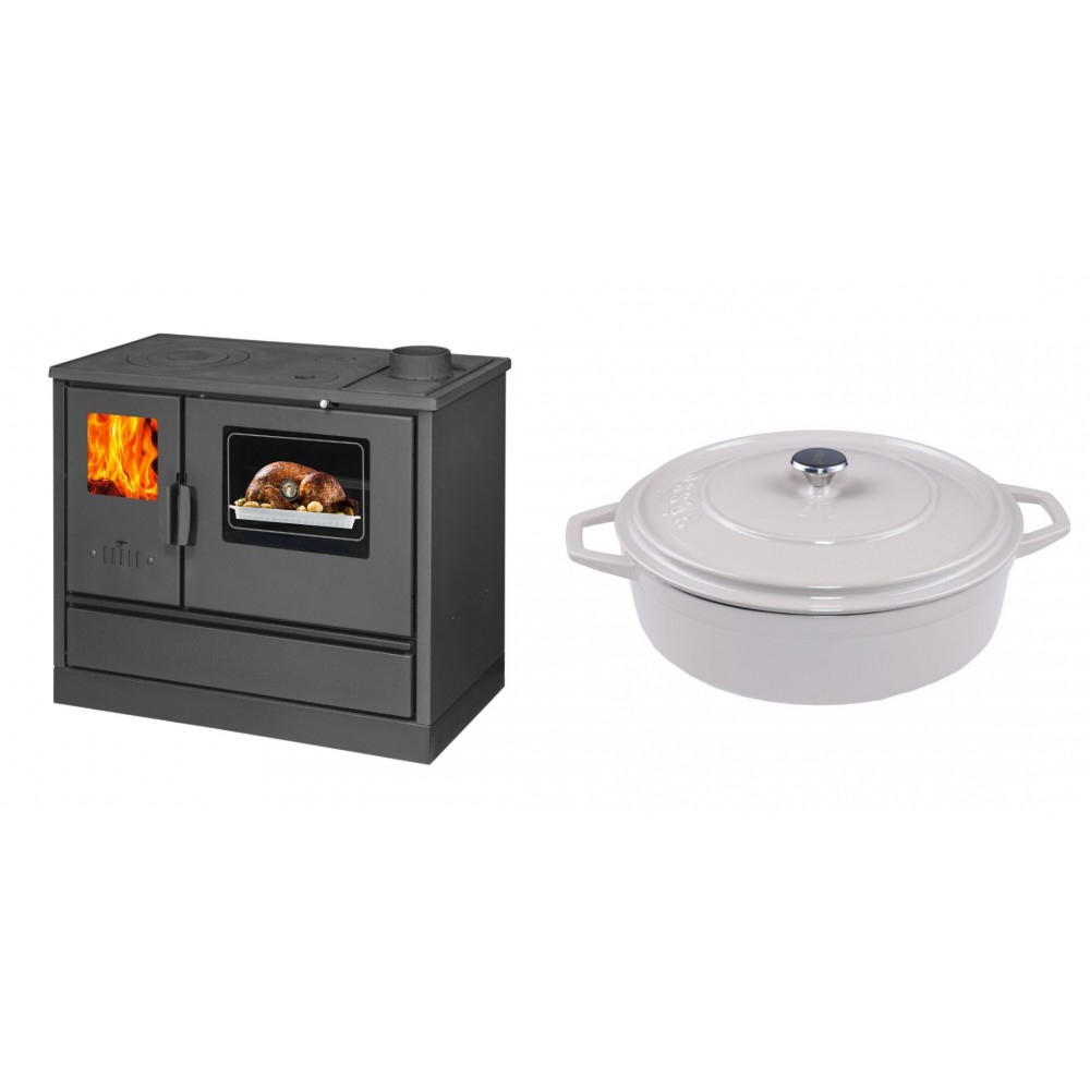 Set Küchenofen mit Backofen und Kochplatte Balkan Energy, Modell 4020, Obere Platte aus Gusseisen, Leistung 7.9kW + Gusseisen Topf Flach Solagio, Ivory, Ф28