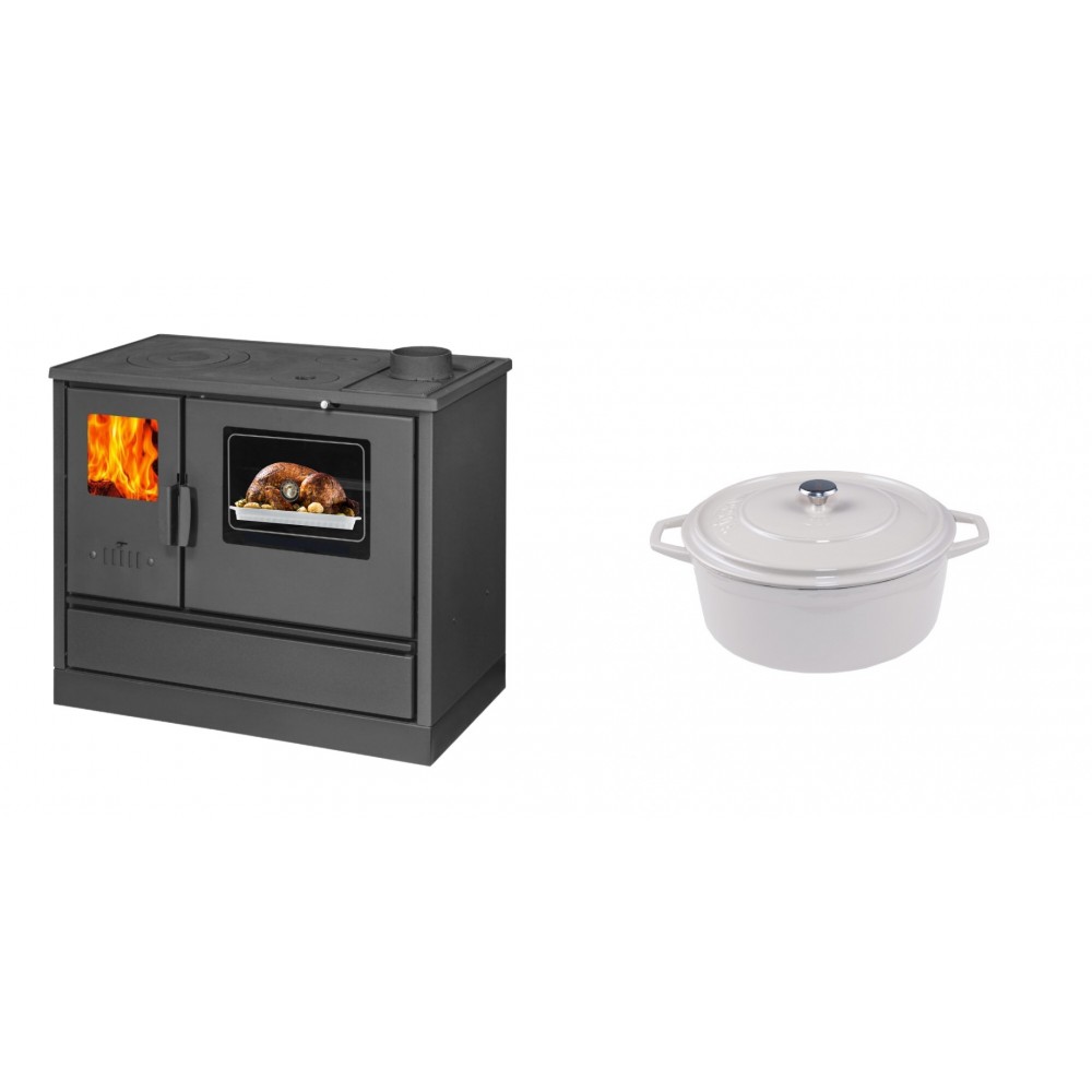 Set Küchenofen mit Backofen und Kochplatte Balkan Energy, Modell 4020, Obere Platte aus Gusseisen, Leistung 7.9kW + Gusseisen Topf Tiefer Solagio, Ivory, Ф12 | Kaminofen - Holzofen mit Backfach | Kaminofen |