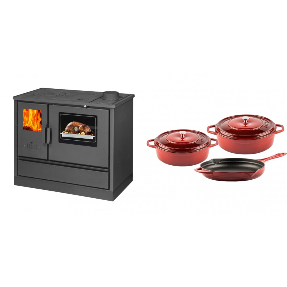 Set Küchenofen mit Backofen und Kochplatte Balkan Energy, Modell 4020, Obere Platte aus Gusseisen, Leistung 7.9kW + Gusseisen Topf Set aus 3 teilen Solagio, Rubin