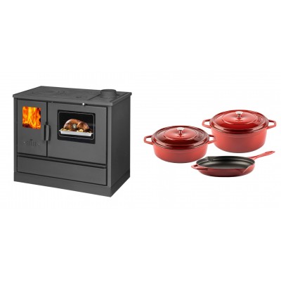 Set Küchenofen mit Backofen und Kochplatte Balkan Energy, Modell 4020, Obere Platte aus Gusseisen, Leistung 7.9kW + Gusseisen Topf Set aus 3 teilen Solagio, Rubin - Balkan Energy