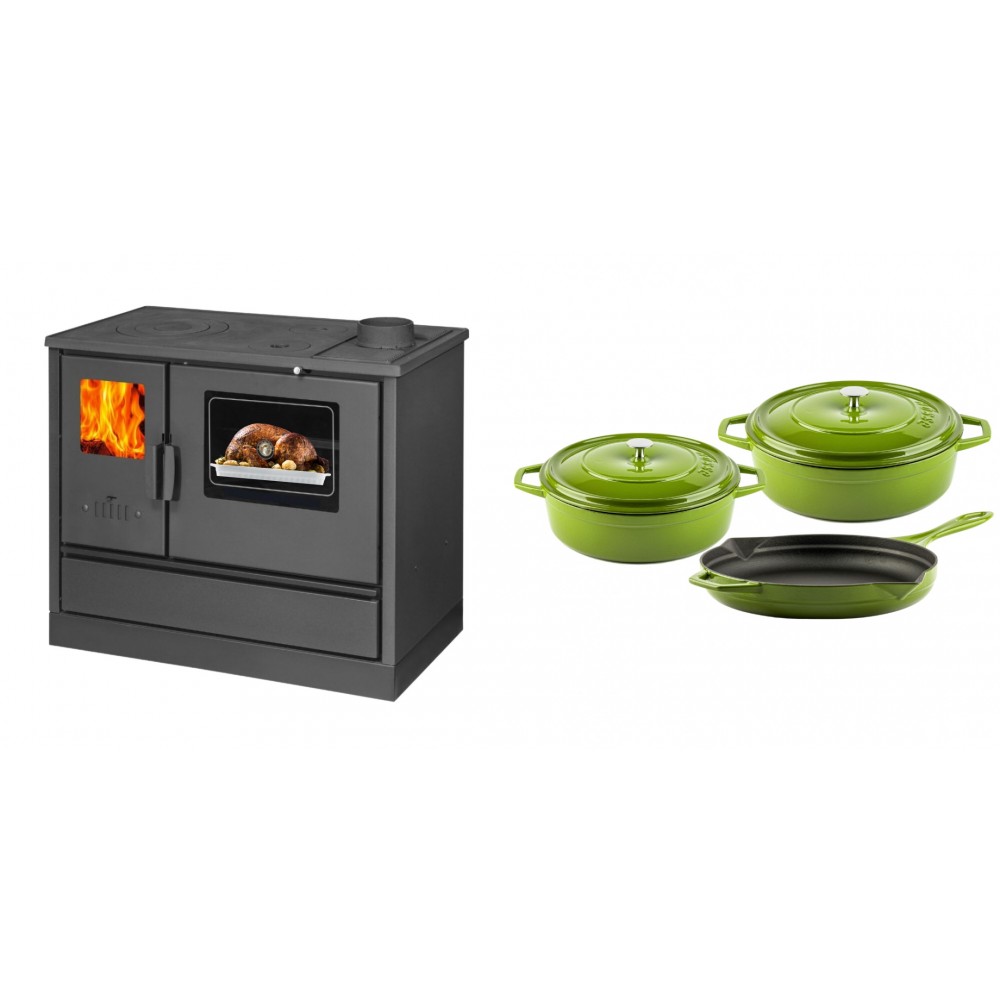 Set Küchenofen mit Backofen und Kochplatte Balkan Energy, Modell 4020, Obere Platte aus Gusseisen, Leistung 7.9kW + Gusseisen Topf Set aus 3 teilen Solagio, Bamboo