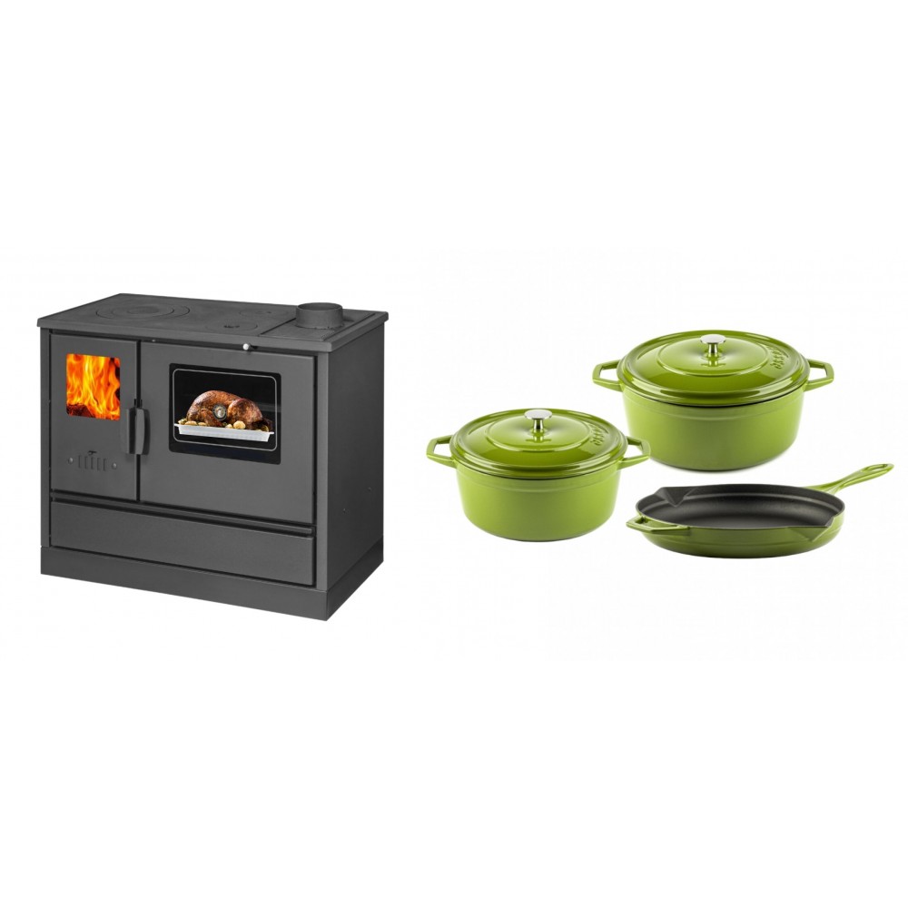 Set Küchenofen mit Backofen und Kochplatte Balkan Energy, Modell 4020, Obere Platte aus Gusseisen, Leistung 7.9kW + Gusseisen Topf Set aus 3 teilen Solagio, Bamboo