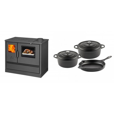 Set Küchenofen mit Backofen und Kochplatte Balkan Energy, Modell 4020, Obere Platte aus Gusseisen, Leistung 7.9kW + Gusseisen Topf Set aus 3 teilen Solagio, Black Onyx - Balkan Energy
