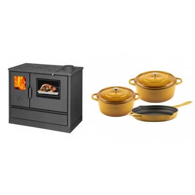 Set Küchenofen mit Backofen und Kochplatte Balkan Energy, Modell 4020, Obere Platte aus Gusseisen, Leistung 7.9kW + Gusseisen Topf Set aus 3 teilen Solagio, Dijon - Balkan Energy