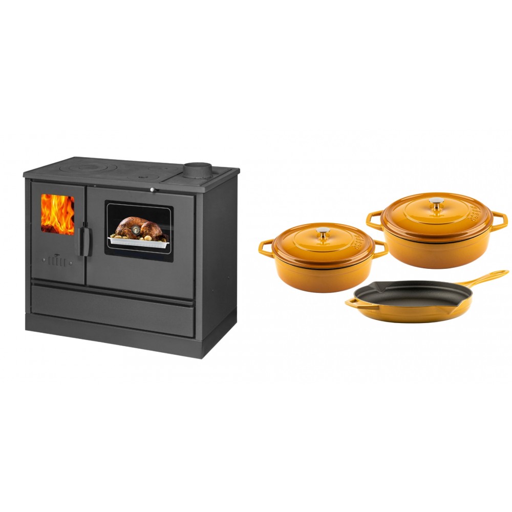 Set Küchenofen mit Backofen und Kochplatte Balkan Energy, Modell 4020, Obere Platte aus Gusseisen, Leistung 7.9kW + Gusseisen Topf Set aus 3 teilen Solagio, Dijon