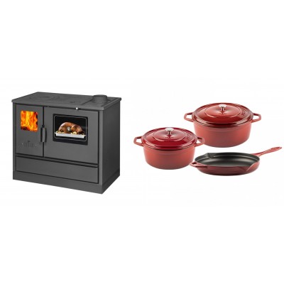 Set Küchenofen mit Backofen und Kochplatte Balkan Energy, Modell 4020, Obere Platte aus Gusseisen, Leistung 7.9kW + Gusseisen Topf Set aus 3 teilen Solagio, Rubin - Balkan Energy