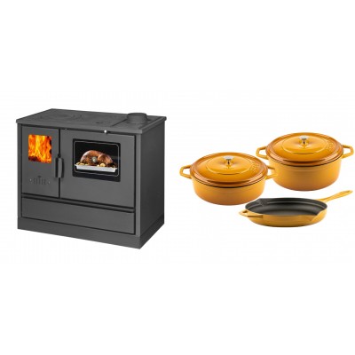 Set Küchenofen mit Backofen und Kochplatte Balkan Energy, Modell 4020, Obere Platte aus Gusseisen, Leistung 7.9kW + Gusseisen Topf Set aus 3 teilen Solagio, Dijon - Balkan Energy