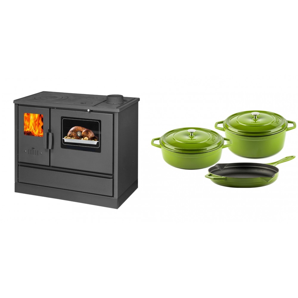 Set Küchenofen mit Backofen und Kochplatte Balkan Energy, Modell 4020, Obere Platte aus Gusseisen, Leistung 7.9kW + Gusseisen Topf Set aus 3 teilen Solagio, Bamboo