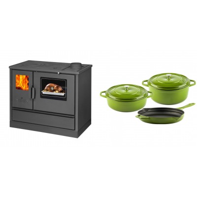 Set Küchenofen mit Backofen und Kochplatte Balkan Energy, Modell 4020, Obere Platte aus Gusseisen, Leistung 7.9kW + Gusseisen Topf Set aus 3 teilen Solagio, Bamboo - Balkan Energy