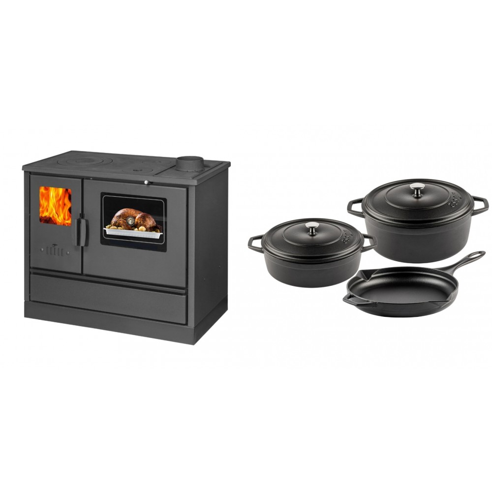 Set Küchenofen mit Backofen und Kochplatte Balkan Energy, Modell 4020, Obere Platte aus Gusseisen, Leistung 7.9kW + Gusseisen Topf Set aus 3 teilen Solagio, Black Onyx