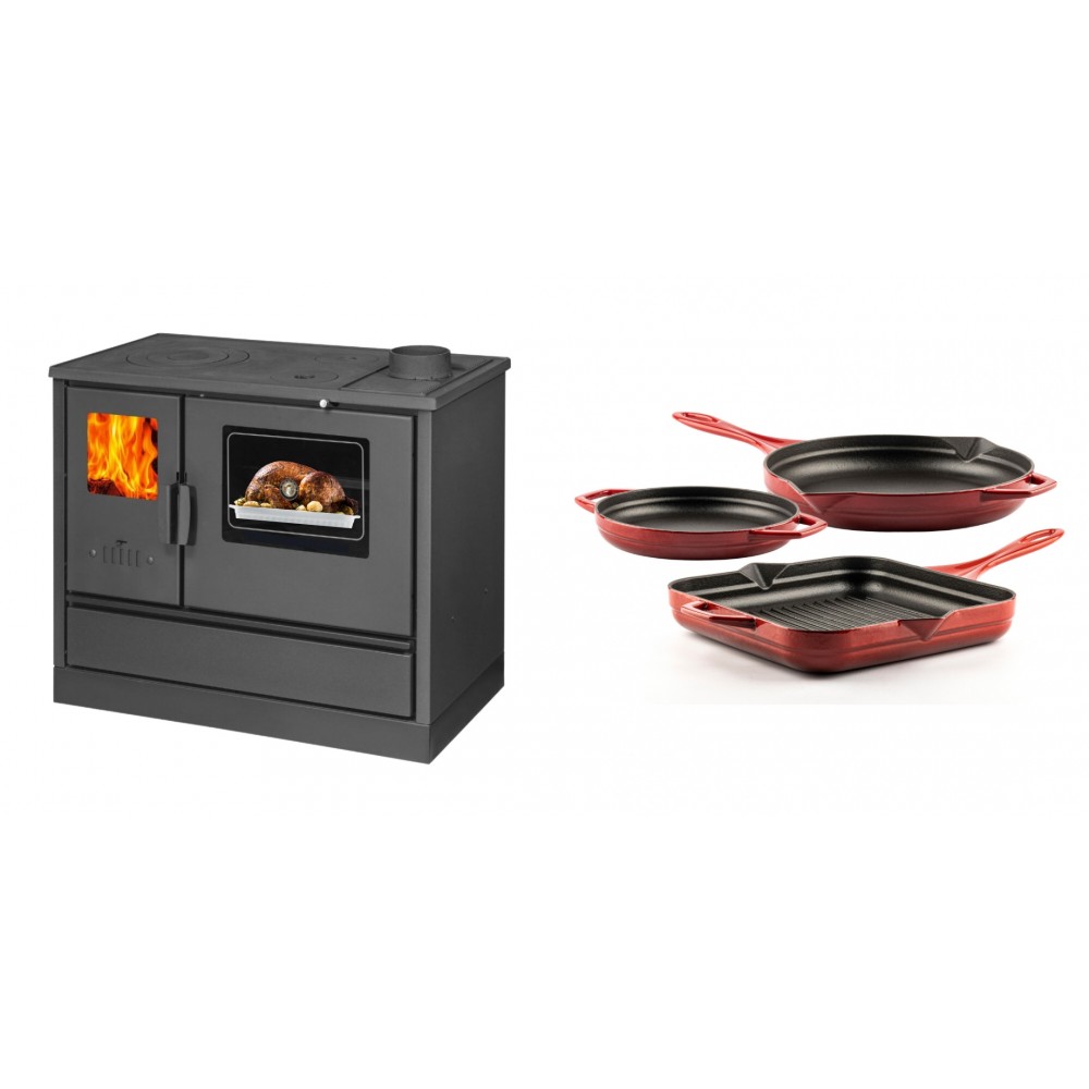 Set Küchenofen mit Backofen und Kochplatte Balkan Energy, Modell 4020, Obere Platte aus Gusseisen, Leistung 7.9kW + Gusseisen Topf Set aus 3 teilen Solagio, Rubin