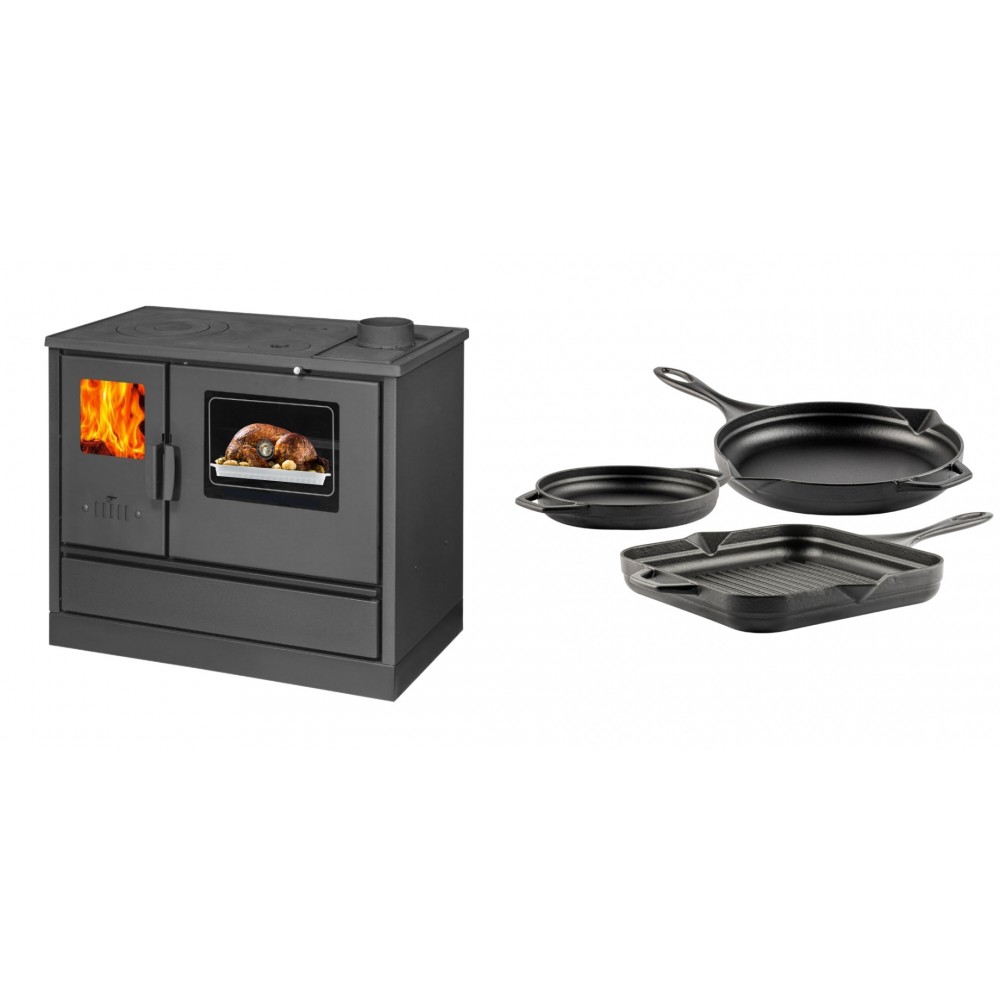 Set Küchenofen mit Backofen und Kochplatte Balkan Energy, Modell 4020, Obere Platte aus Gusseisen, Leistung 7.9kW + Gusseisen Topf Set aus 3 teilen Solagio, Black Onyx
