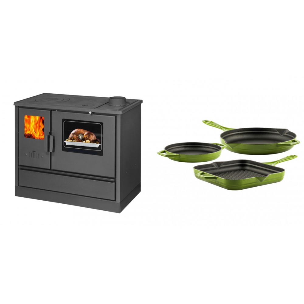 Set Küchenofen mit Backofen und Kochplatte Balkan Energy, Modell 4020, Obere Platte aus Gusseisen, Leistung 7.9kW + Gusseisen Topf Set aus 3 teilen Solagio, Bamboo