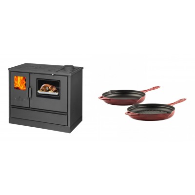 Set Küchenofen mit Backofen und Kochplatte Balkan Energy, Modell 4020, Obere Platte aus Gusseisen, Leistung 7.9kW + Gusseisen Topf Set aus 2 teilen Solagio, Rubin - Balkan Energy