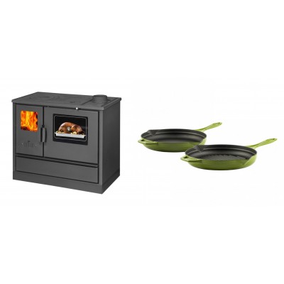 Set Küchenofen mit Backofen und Kochplatte Balkan Energy, Modell 4020, Obere Platte aus Gusseisen, Leistung 7.9kW + Gusseisen Topf Set aus 2 teilen Solagio, Bamboo - Balkan Energy
