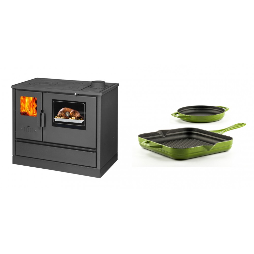 Set Küchenofen mit Backofen und Kochplatte Balkan Energy, Modell 4020, Obere Platte aus Gusseisen, Leistung 7.9kW + Gusseisen Topf Set aus 2 teilen Solagio, Bamboo | Kaminofen - Holzofen mit Backfach | Kaminofen |