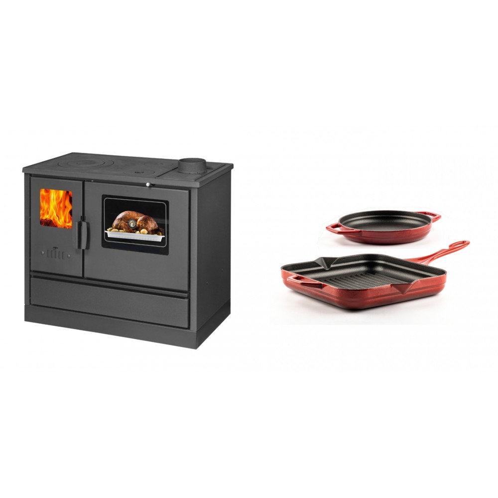 Set Küchenofen mit Backofen und Kochplatte Balkan Energy, Modell 4020, Obere Platte aus Gusseisen, Leistung 7.9kW + Gusseisen Topf Set aus 2 teilen Solagio, Rubin