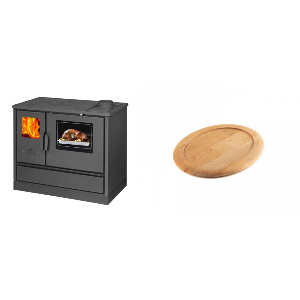 Set Küchenofen mit Backofen und Kochplatte Balkan Energy, Modell 4020, Obere Platte aus Gusseisen, Leistung 7.9kW + Holz untersetzer für ovale gusseisenpfanne Solagio HSFT1825