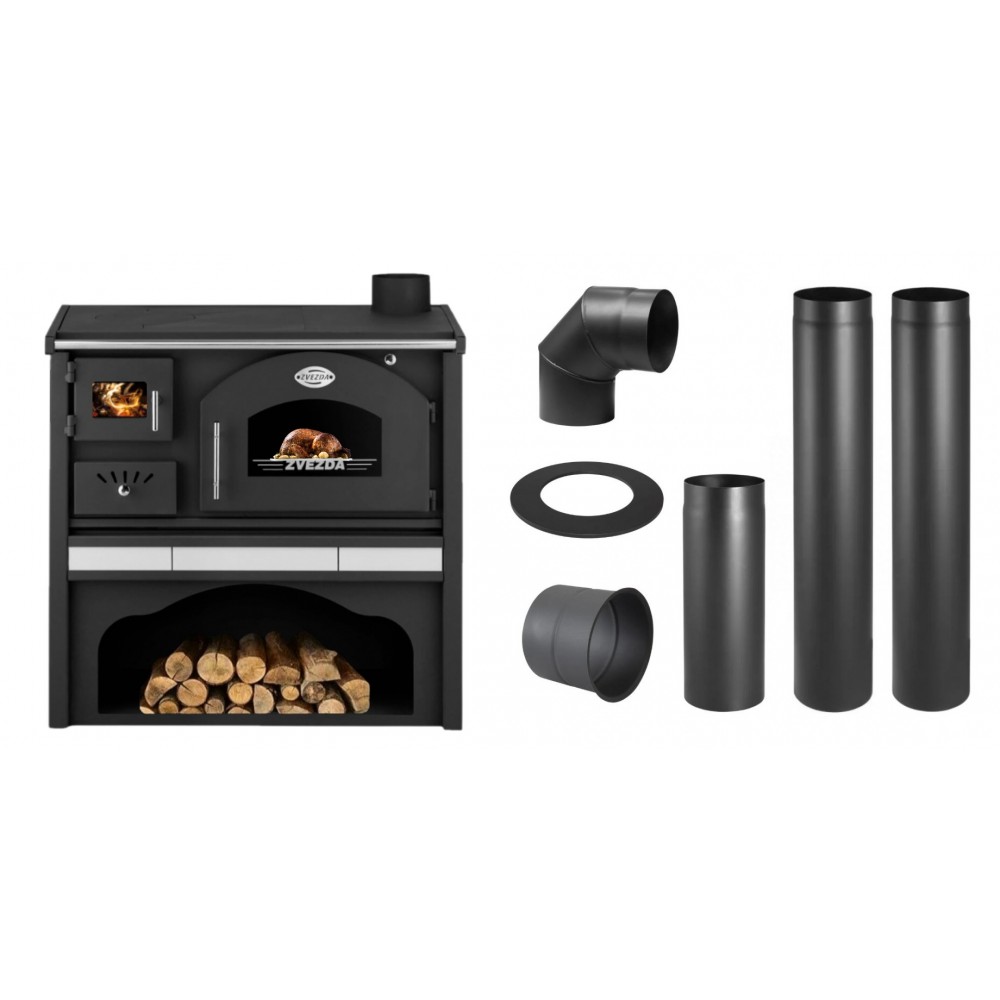 Set Küchenofen / Küchenhexe mit Backofen und Kochplatte Zvezda, Modell Classic GFS Keramik, Leistung 5.9 kW + Schornstein Bausatz PARKANEX, Stahl Ø130, Dicke 2mm | Kaminofen - Holzofen mit Backfach | Kaminofen |