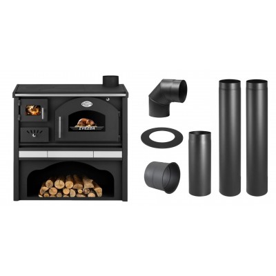 Set Küchenofen / Küchenhexe mit Backofen und Kochplatte Zvezda, Modell Classic GFS Keramik, Leistung 5.9 kW + Schornstein Bausatz PARKANEX, Stahl Ø130, Dicke 2mm - Kaminofen - Holzofen mit Backfach