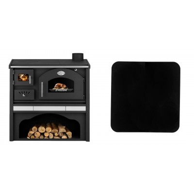 Set Küchenofen / Küchenhexe mit Backofen und Kochplatte Zvezda, Modell Classic GFS Keramik, Leistung 5.9 kW + Funkenschutzplatte Stahl 2mm, Größe 98x98cm - Kaminofen - Holzofen mit Backfach