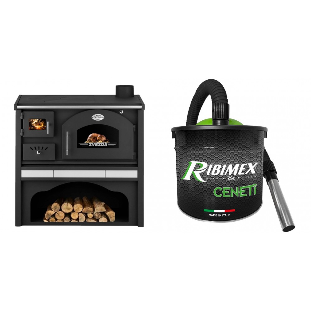 Set Küchenofen / Küchenhexe mit Backofen und Kochplatte Zvezda, Modell Classic GFS Keramik, Leistung 5.9 kW + Elektrischer Aschesauger Ribimex, Modell Cenetì, Fassungsvermögen 15 L