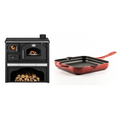 Set Küchenofen / Küchenhexe mit Backofen und Kochplatte Zvezda, Modell Classic GFS Keramik, Leistung 5.9 kW + Emaillierte grillpfanne Gusseisen Solagio, Rubin, 28x28cm - Kaminofen - Holzofen mit Backfach