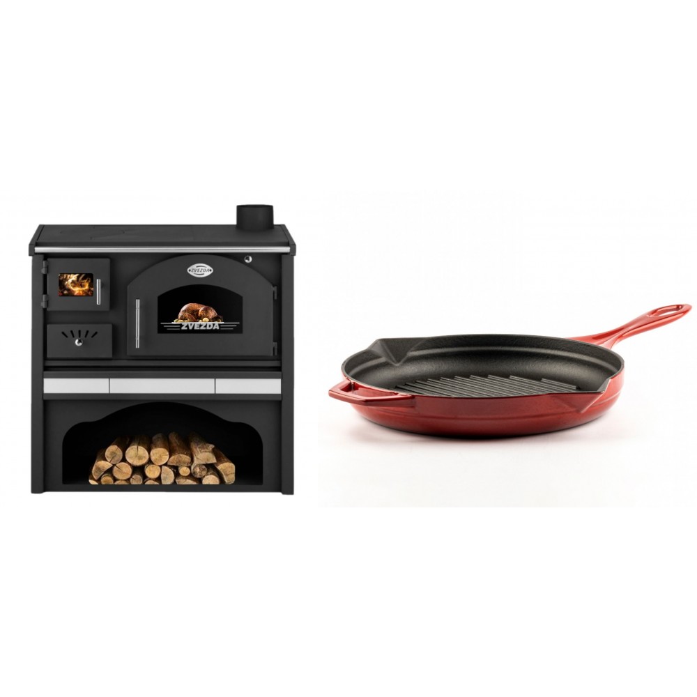 Set Küchenofen / Küchenhexe mit Backofen und Kochplatte Zvezda, Modell Classic GFS Keramik, Leistung 5.9 kW + Emaillierte grillpfanne Gusseisen Solagio, Rubin, Ф28cm