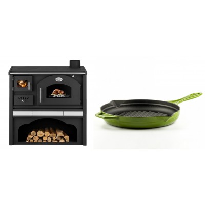 Set Küchenofen / Küchenhexe mit Backofen und Kochplatte Zvezda, Modell Classic GFS Keramik, Leistung 5.9 kW + Emaillierte grillpfanne Gusseisen Solagio, Bamboo, Ф28cm - Kaminofen - Holzofen mit Backfach