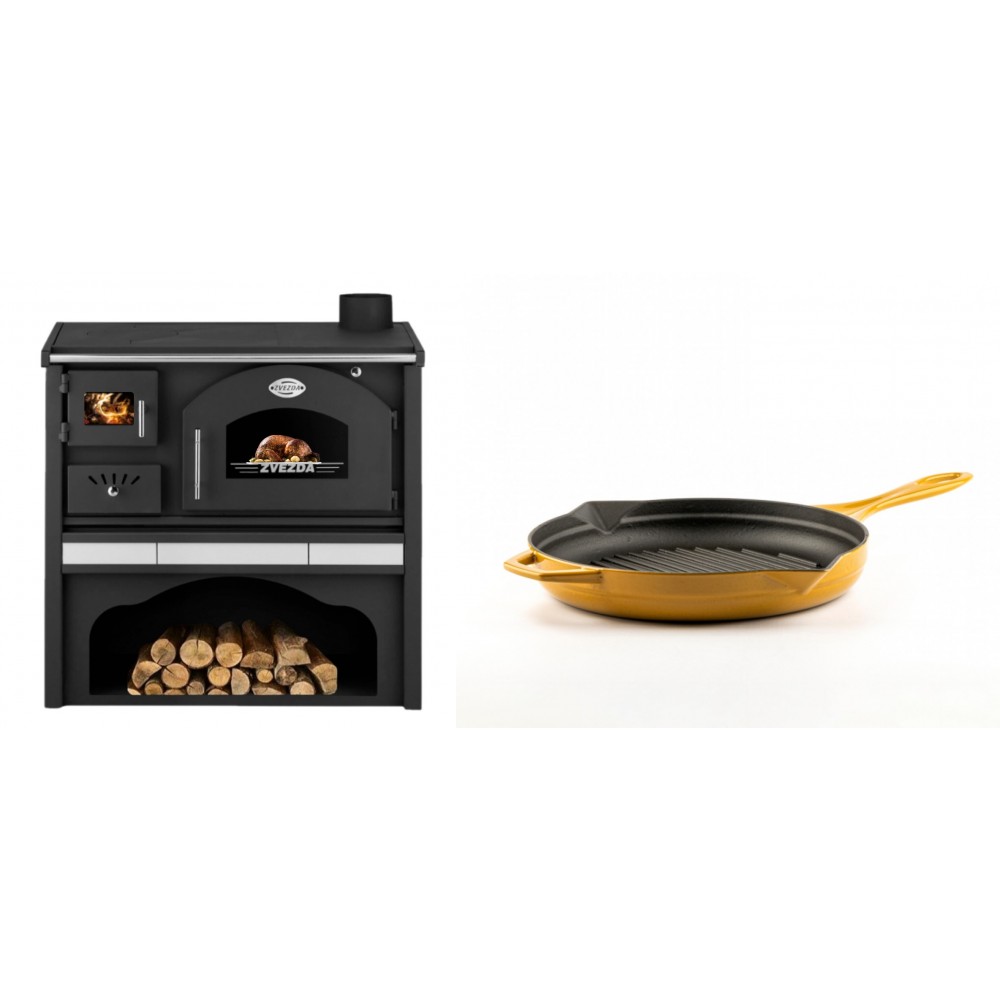 Set Küchenofen / Küchenhexe mit Backofen und Kochplatte Zvezda, Modell Classic GFS Keramik, Leistung 5.9 kW + Emaillierte grillpfanne Gusseisen Solagio, Dijon, Ф24cm