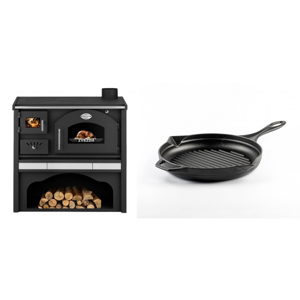 Set Küchenofen / Küchenhexe mit Backofen und Kochplatte Zvezda, Modell Classic GFS Keramik, Leistung 5.9 kW + Emaillierte grillpfanne Gusseisen Solagio, Black Onyx, Ф24cm