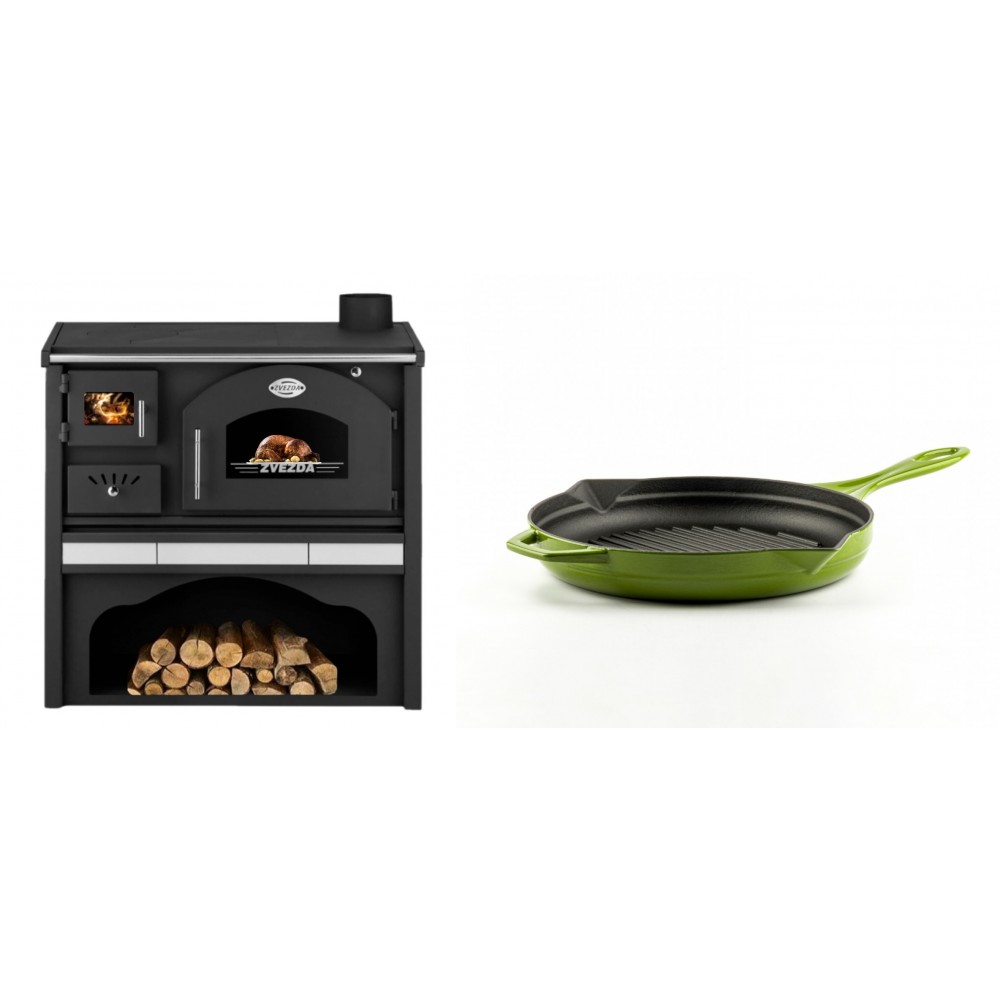 Set Küchenofen / Küchenhexe mit Backofen und Kochplatte Zvezda, Modell Classic GFS Keramik, Leistung 5.9 kW + Emaillierte grillpfanne Gusseisen Solagio, Bamboo, Ф24cm