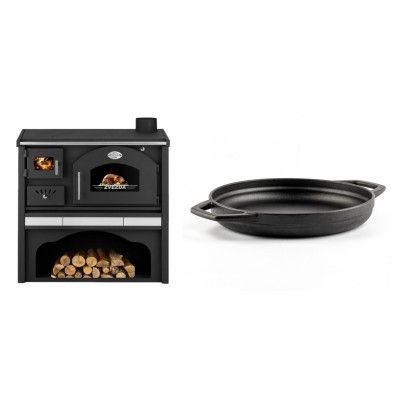 Set Küchenofen / Küchenhexe mit Backofen und Kochplatte Zvezda, Modell Classic GFS Keramik, Leistung 5.9 kW + Emaillierte gusseisenpfanne mit zwei Griffen Solagio, Black Onyx, Ф22cm - Kaminofen - Holzofen mit Backfach