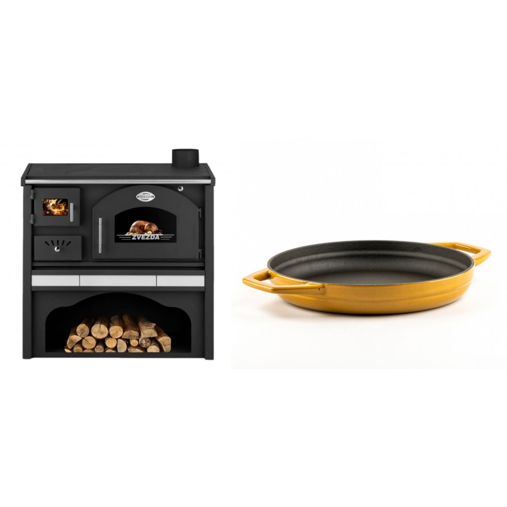 Set Küchenofen / Küchenhexe mit Backofen und Kochplatte Zvezda, Modell Classic GFS Keramik, Leistung 5.9 kW + Emaillierte gusseisenpfanne mit zwei Griffen Solagio, Dijon, Ф22cm
