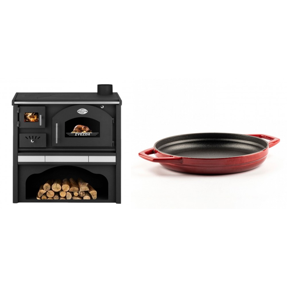 Set Küchenofen / Küchenhexe mit Backofen und Kochplatte Zvezda, Modell Classic GFS Keramik, Leistung 5.9 kW + Emaillierte gusseisenpfanne mit zwei Griffen Solagio, Rubin, Ф22cm