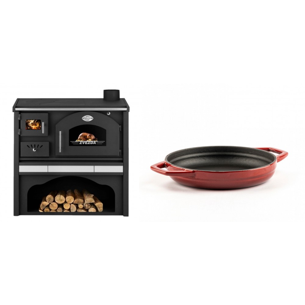 Set Küchenofen / Küchenhexe mit Backofen und Kochplatte Zvezda, Modell Classic GFS Keramik, Leistung 5.9 kW + Emaillierte gusseisenpfanne mit zwei Griffen Solagio, Rubin, Ф19cm | Kaminofen - Holzofen mit Backfach | Kaminofen |