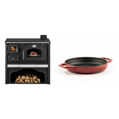 Set Küchenofen / Küchenhexe mit Backofen und Kochplatte Zvezda, Modell Classic GFS Keramik, Leistung 5.9 kW + Emaillierte gusseisenpfanne mit zwei Griffen Solagio, Rubin, Ф19cm - Kaminofen - Holzofen mit Backfach