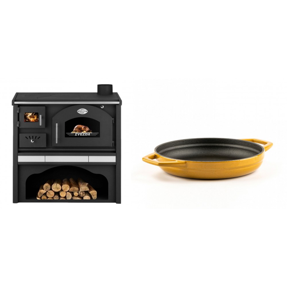 Set Küchenofen / Küchenhexe mit Backofen und Kochplatte Zvezda, Modell Classic GFS Keramik, Leistung 5.9 kW + Emaillierte gusseisenpfanne mit zwei Griffen Solagio, Dijon, Ф19cm