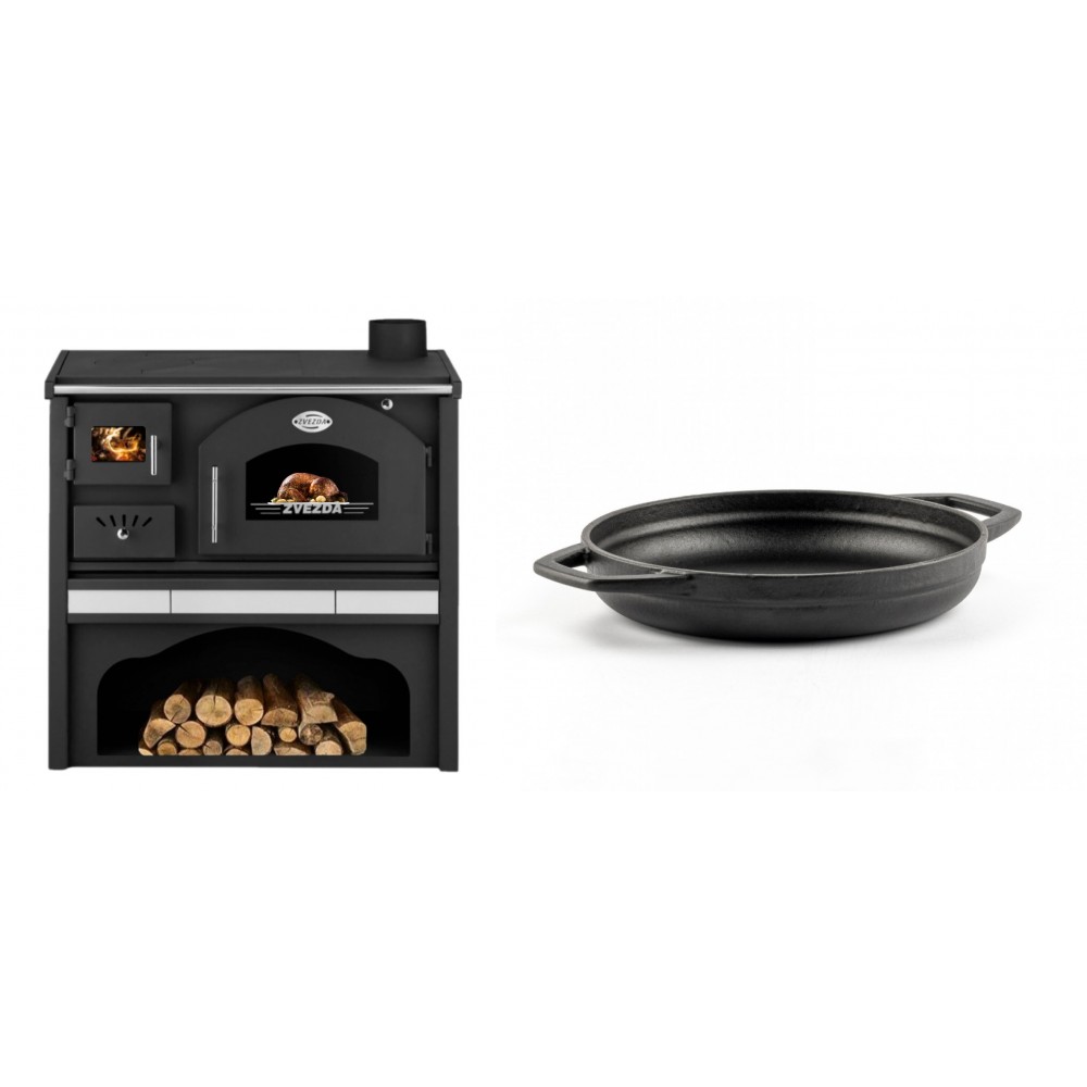 Set Küchenofen / Küchenhexe mit Backofen und Kochplatte Zvezda, Modell Classic GFS Keramik, Leistung 5.9 kW + Emaillierte gusseisenpfanne mit zwei Griffen Solagio, Black Onyx, Ф19cm | Kaminofen - Holzofen mit Backfach | Kaminofen |