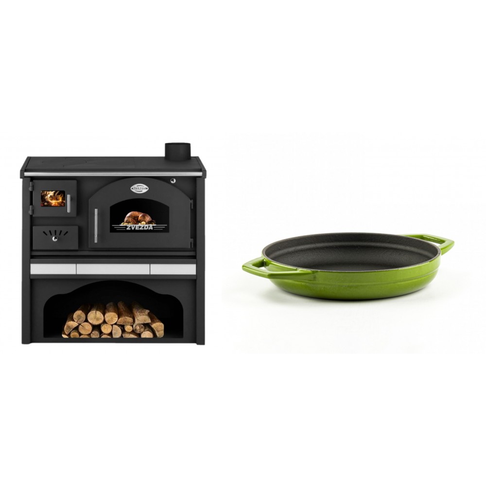 Set Küchenofen / Küchenhexe mit Backofen und Kochplatte Zvezda, Modell Classic GFS Keramik, Leistung 5.9 kW + Emaillierte gusseisenpfanne mit zwei Griffen Solagio, Bamboo, Ф19cm | Kaminofen - Holzofen mit Backfach | Kaminofen |