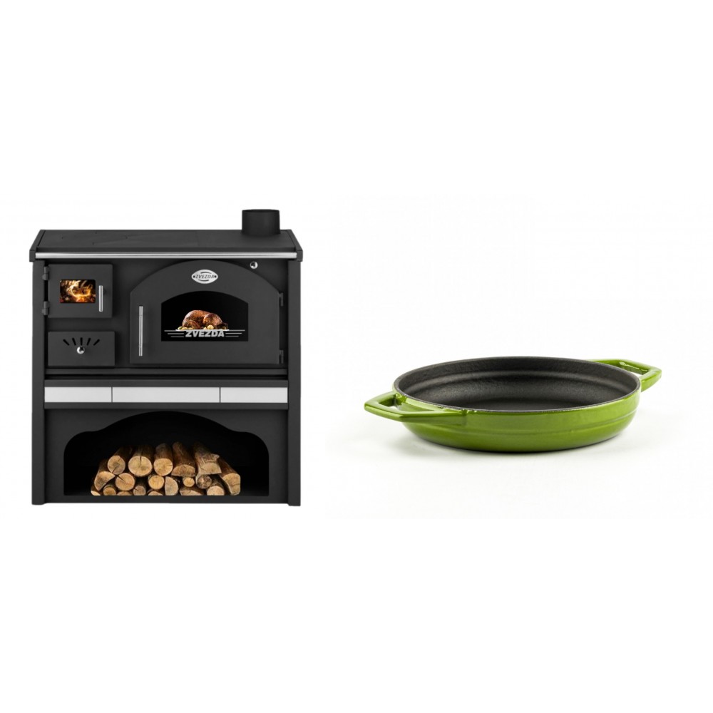 Set Küchenofen / Küchenhexe mit Backofen und Kochplatte Zvezda, Modell Classic GFS Keramik, Leistung 5.9 kW + Emaillierte gusseisenpfanne mit zwei Griffen Solagio, Bamboo, Ф16cm