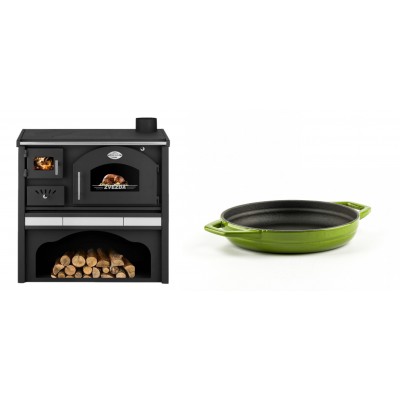 Set Küchenofen / Küchenhexe mit Backofen und Kochplatte Zvezda, Modell Classic GFS Keramik, Leistung 5.9 kW + Emaillierte gusseisenpfanne mit zwei Griffen Solagio, Bamboo, Ф16cm - Kaminofen - Holzofen mit Backfach