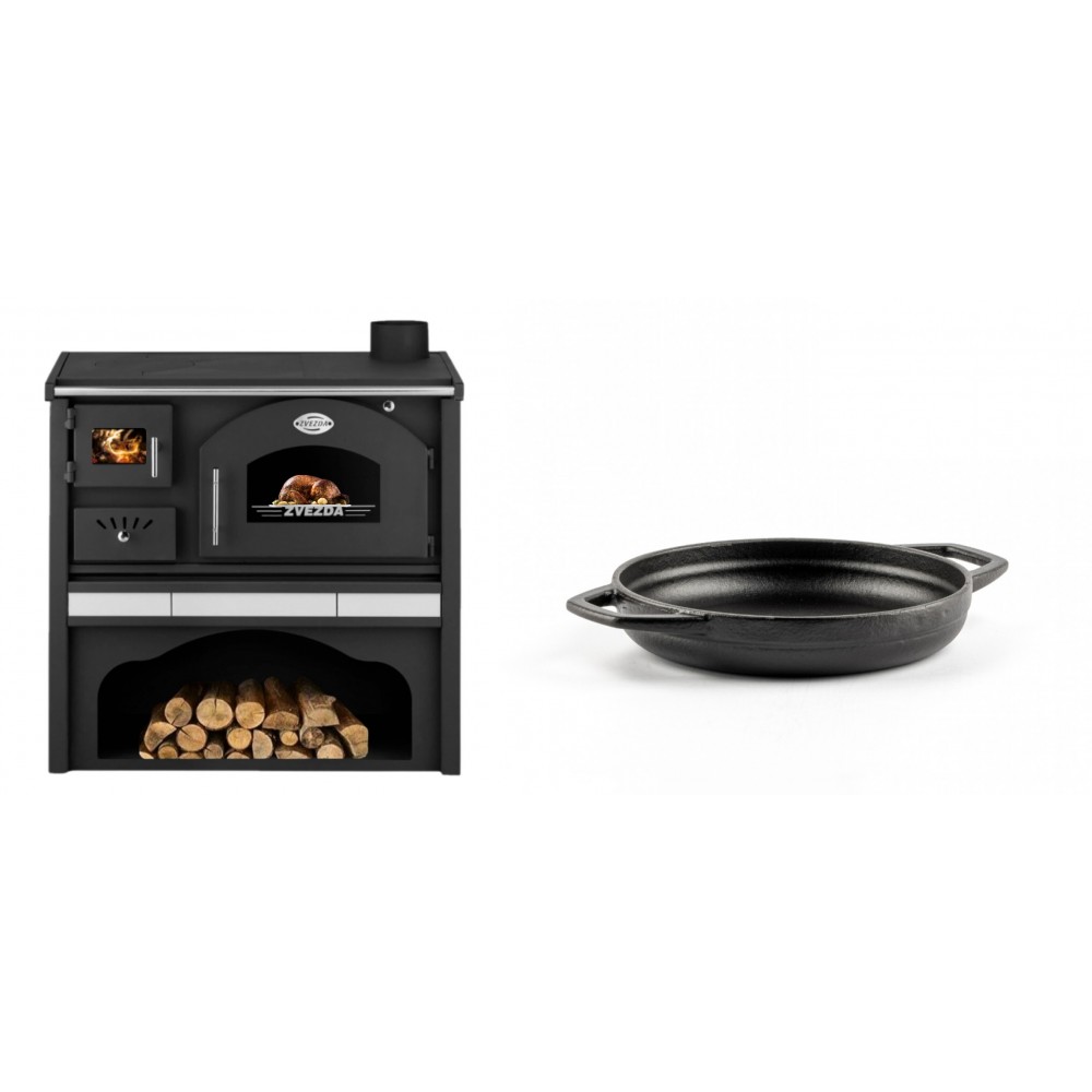Set Küchenofen / Küchenhexe mit Backofen und Kochplatte Zvezda, Modell Classic GFS Keramik, Leistung 5.9 kW + Emaillierte gusseisenpfanne mit zwei Griffen Solagio, Black Onyx, Ф16cm