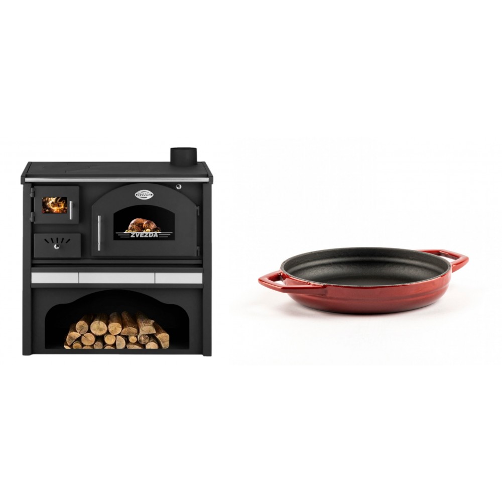 Set Küchenofen / Küchenhexe mit Backofen und Kochplatte Zvezda, Modell Classic GFS Keramik, Leistung 5.9 kW + Emaillierte gusseisenpfanne mit zwei Griffen Solagio, Rubin, Ф16cm | Kaminofen - Holzofen mit Backfach | Kaminofen |
