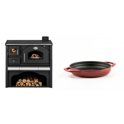 Set Küchenofen / Küchenhexe mit Backofen und Kochplatte Zvezda, Modell Classic GFS Keramik, Leistung 5.9 kW + Emaillierte gusseisenpfanne mit zwei Griffen Solagio, Rubin, Ф16cm - Kaminofen - Holzofen mit Backfach